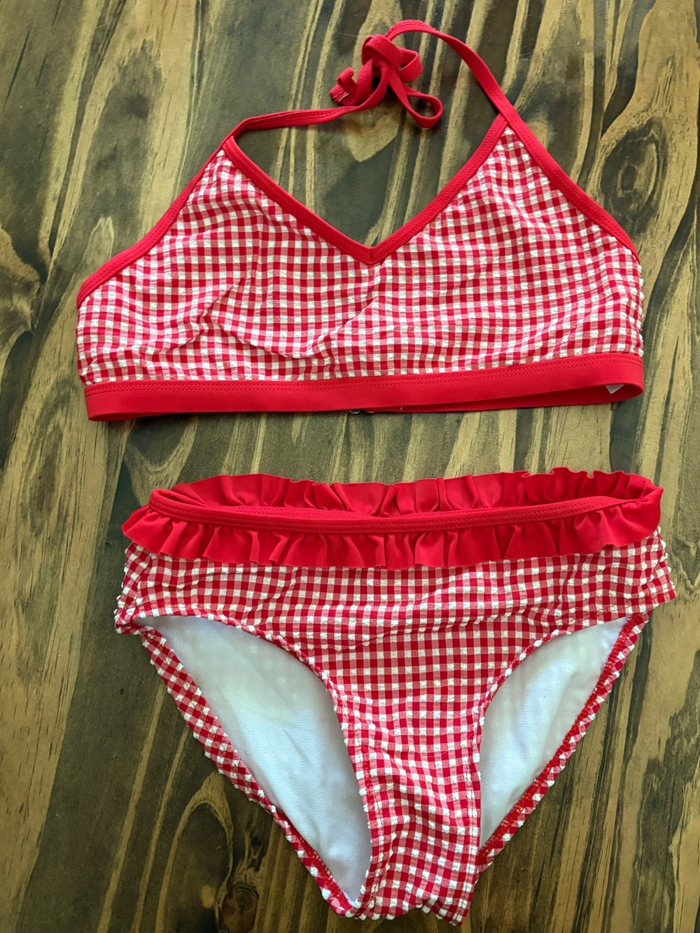 Cat & Jack girls red & white gingham ruffle bikini size 10/12